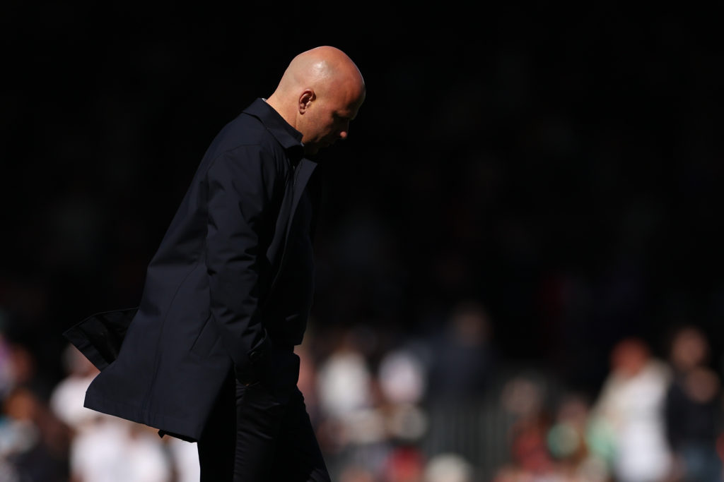 Arne Slot looking dejected on the Liverpool touchline in their Premier League game against Fulham.