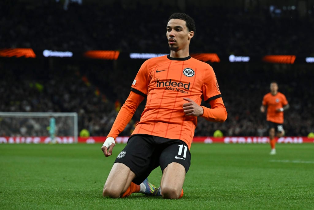 Hugo Ekitike of Eintracht Frankfurt celebrates after scoring his team's first goal during the UEFA Europa League 2024/25 Quarter Final First Leg match between Tottenham Hotspur and Eintracht Frankfurt at Tottenham Hotspur Stadium