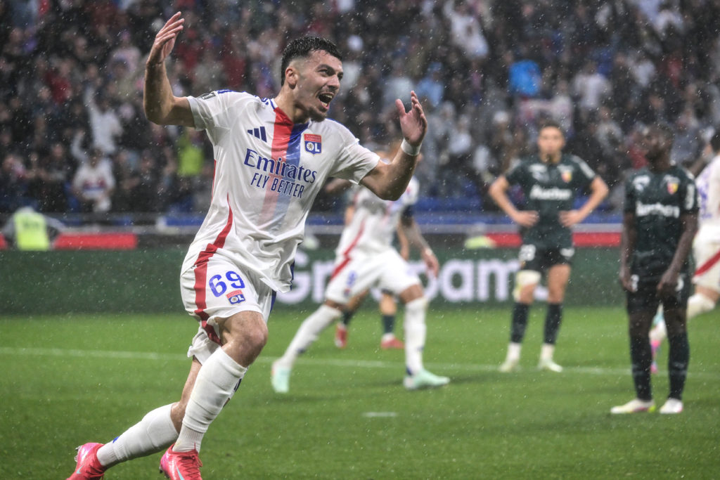 Georges Mikautadze celebrates after scoring a goal for Lyon.
