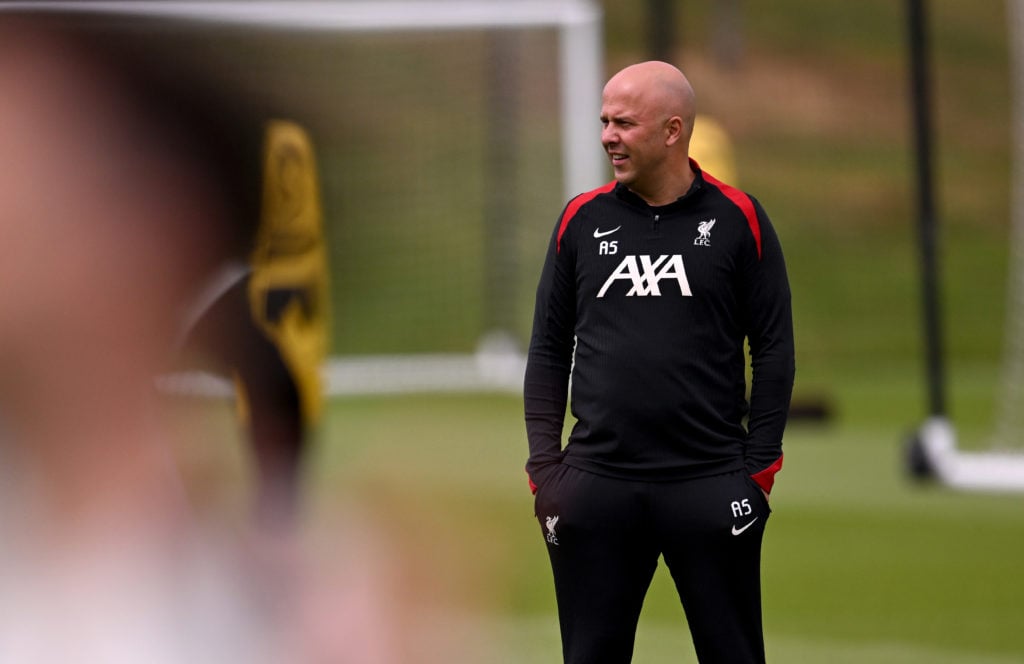 Arne Slot pictured leading a Liverpool training session.