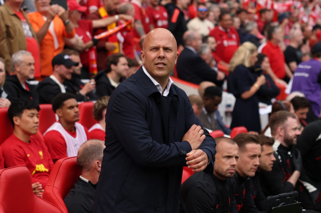 Arne Slot pictured coming off the Liverpool bench during their game against Crystal Palace.