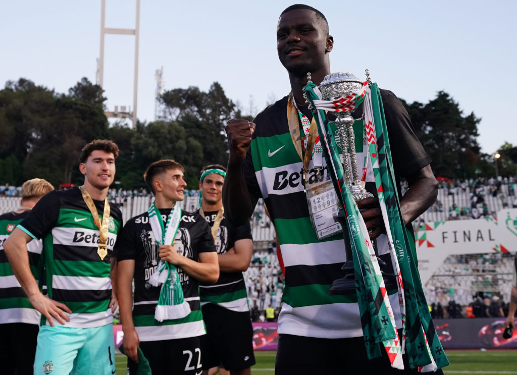 Ousmane Diomande pictured celebrating Sporting's Portuguese Cup Final win.