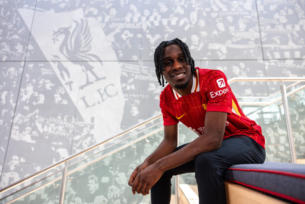 New Liverpool signing Jeremie Frimpong poses after being unveiled at the AXA Training Centre.