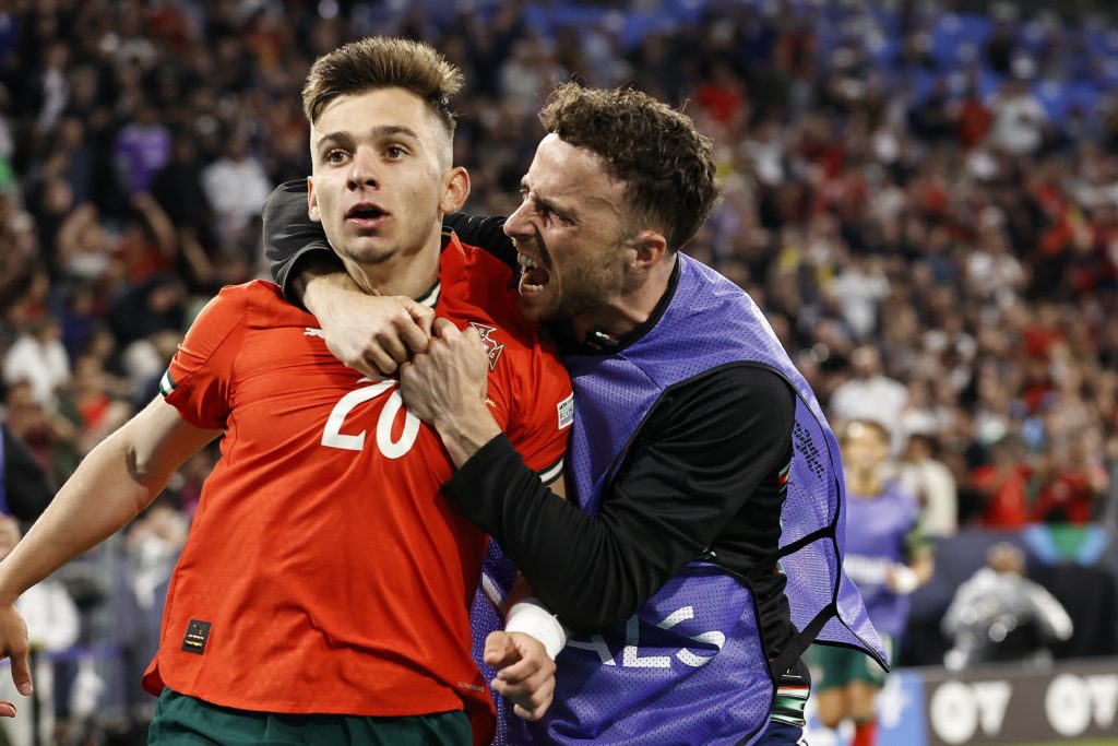 Diogo Jota celebrates with Chico Conceicao during the UEFA Nations League final.