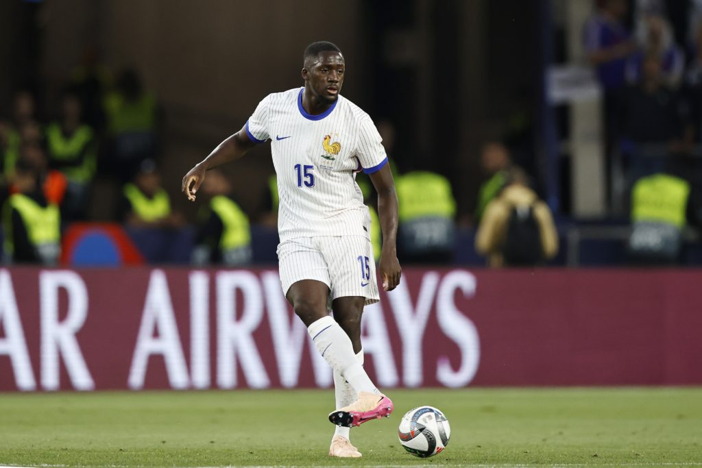 Ibrahima Konate of France on the ball during the UEFA Nations League semi-final against Spain.