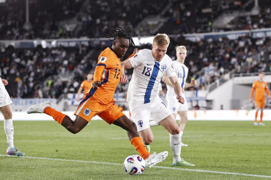 Jeremie Frimpong of the Netherlands in action during a World Cup qualifier against Finland.