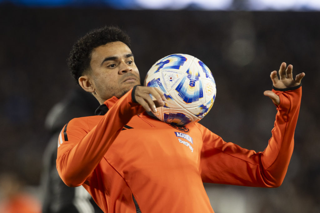 Luis Diaz pictured warming up for Colombia's World Cup qualifier against Argentina.