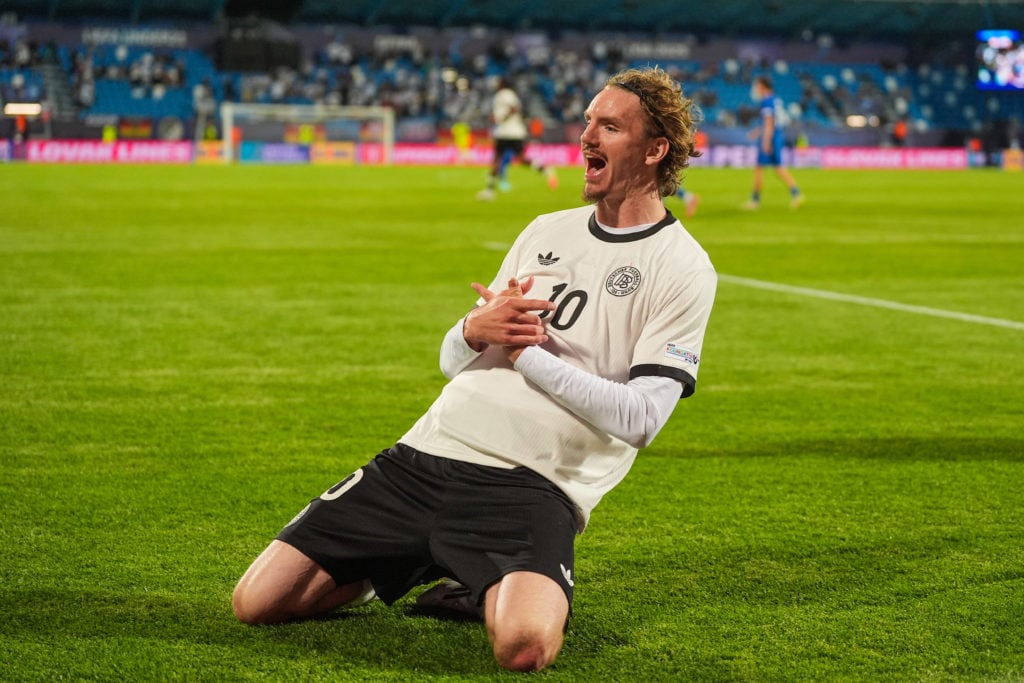Nick Woltemade of U21 Germany celebrates after scoring the team's second goal during the UEFA European Under-21 Championship 2025