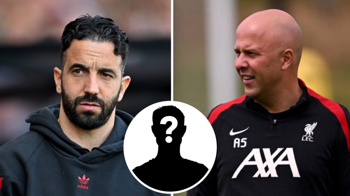Left: Ruben Amorim pictured on the Manchester United touchline. Right: Arne Slot pictured leading a Liverpool training session