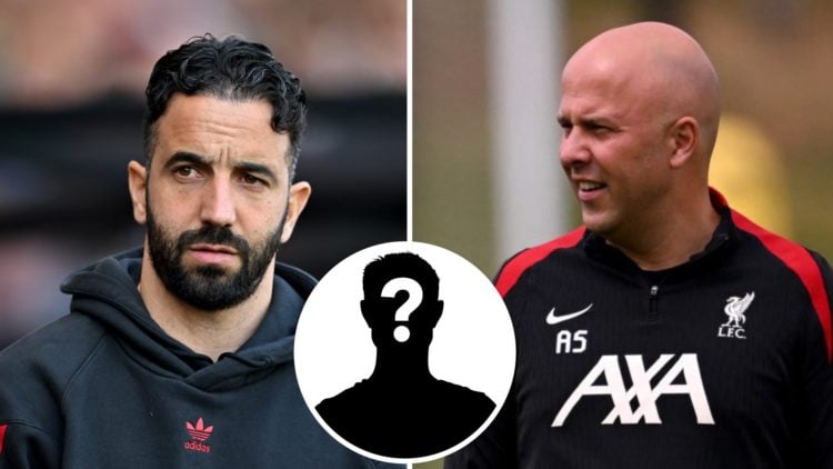 Left: Ruben Amorim pictured on the Manchester United touchline. Right: Arne Slot pictured leading a Liverpool training session