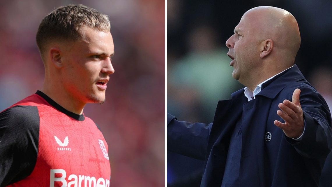 Left: Florian Wirtz caught in action for Bayer Leverkusen. Right: Arne Slot with his arms sticking out looking annoyed on the Liverpool touchline.