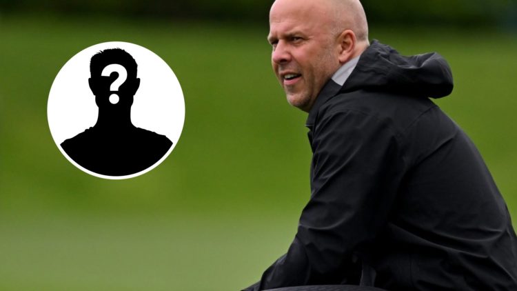 Main: Arne Slot crouched down during a Liverpool training session. Insert: Mystery player