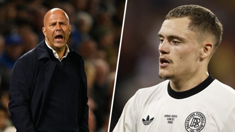 Left: Arne Slot shouting at his Liverpool team during a game. Right: Florian Wirtz pictured in action for Germany.