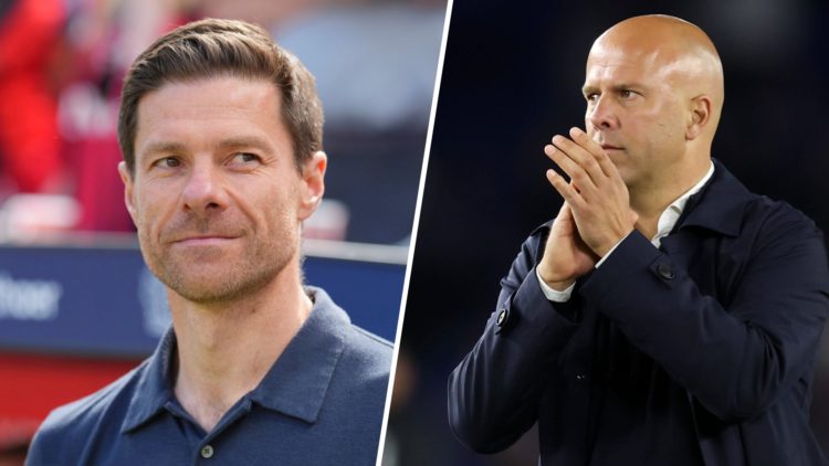 Left: Xabi Alonso pictured smiling on the Bayer Leverkusen touchline. Right: Arne Slot pictured clapping his Liverpool squad.
