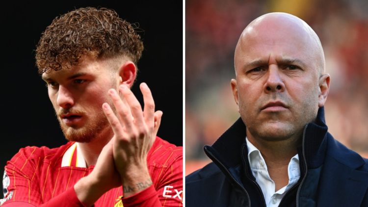 Harvey Elliott applauds fans while playing for Liverpool against Tottenham Hotspur in the Premier League. Liverpool head coach Arne Slot looks on b...