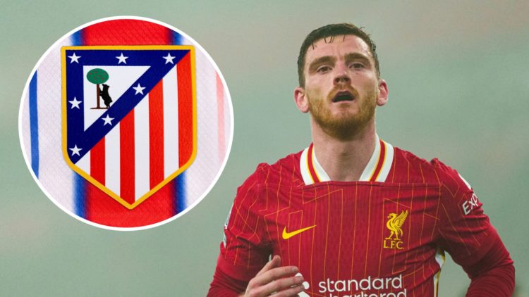 Andy Robertson features for Liverpool in the Premier League (right), a closer up picture of the Atletico Madrid badge (left)