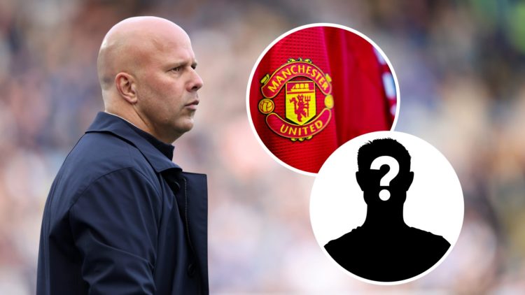 Arne Slot watches Liverpool face off against Leicester City (left), a closer up photo of the Man United badge (right)