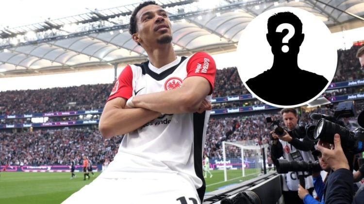 Hugo Ekitike of Eintracht Frankfurt celebrates scoring his team's third goal during the Bundesliga match between Eintracht Frankfurt and 1. FC Heid...