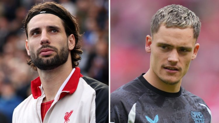 Dominik Szoboszlai of Liverpool looks on prior to the Premier League match between Leicester City FC and Liverpool FC. Florian Wirtz in action for ...