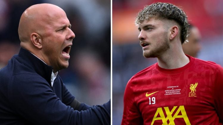 Left: Arne Slot giving his Liverpool team instructions on the sideline. Right: Harvey Elliott pictured in the Carabao Cup final between Liverpool a...