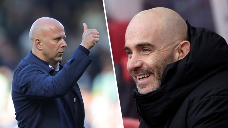 Left: Arne Slot putting his thumb up towards one of his players during a Liverpool game. Right: Enzo Maresca pictured smiling on the Chelsea touchl...