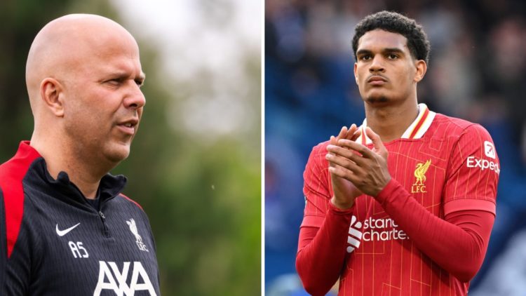 Left: Arne Slot pictured leading a Liverpool training session. Right: Jarell Quansah pictured in action for Liverpool