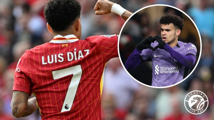 Luis Diaz clenches his fist in celebration towards the Anfield crowd after scoring for Liverpool against Arsenal. Luis Diaz makes a heart shape wit...