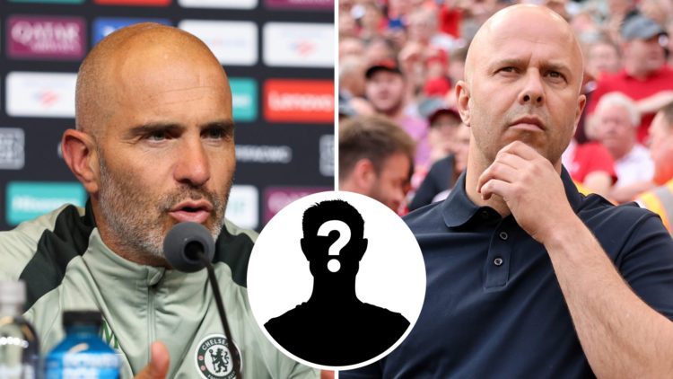 Left: Enzo Maresca pictured during a Chelsea press conference at the Club World Cup. Right: Arne Slot pictured in thought on the Liverpool touchline.