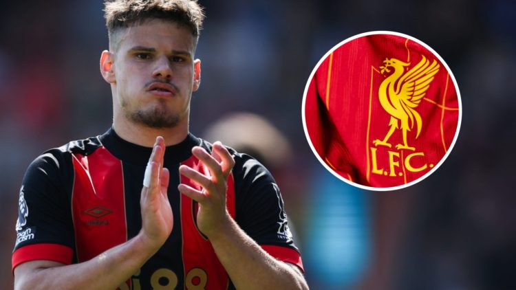 Milos Kerkez applauds fans after Bournemouth against Manchester United at the Vitality Stadium. Liverpool badge on the 2024/25 home shirt.