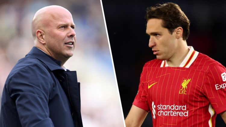 Left: Arne Slot on the Liverpool touchline. Right: Federico Chiesa pictured in action for Liverpool.