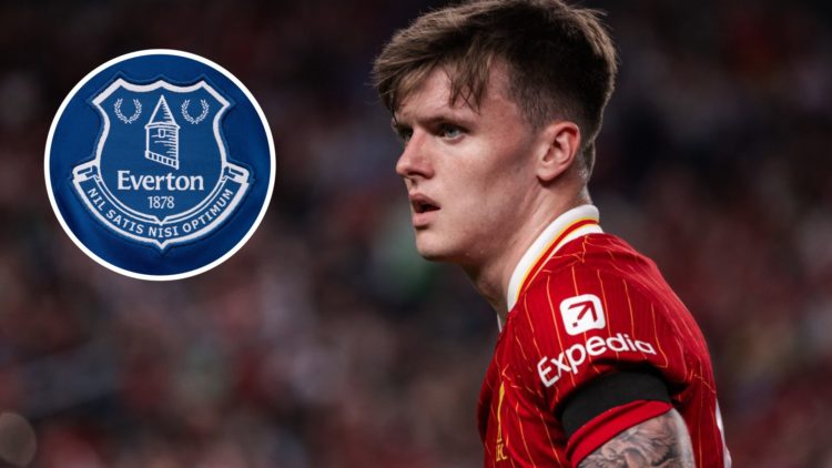Ben Doak in action for Liverpool during pre-season, next to overlay of everton badge.