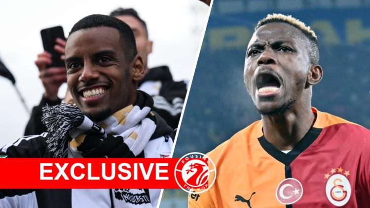 Alexander Isak celebrates during Newcastle United's Carabao Cup trophy parade. Victor Osimhen of Galatasaray celebrates after scoring against Fener...