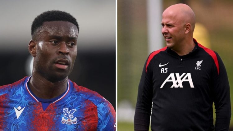 Left: Marc Guehi pictured in action for Crystal Palace against Stockport. Right: Arne Slot pictured leading a Liverpool training session.