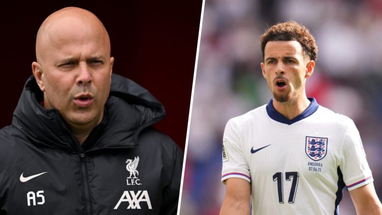 Left: Arne Slot on the Liverpool touchline. Right: Curtis Jones pictured playing for England.