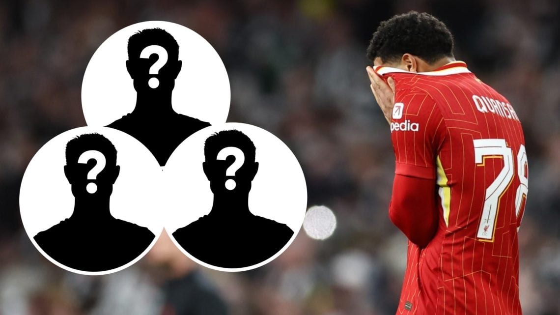 Main: Jarell Quansah with his head in his hands while playing for Liverpool. Inserts: Mystery players