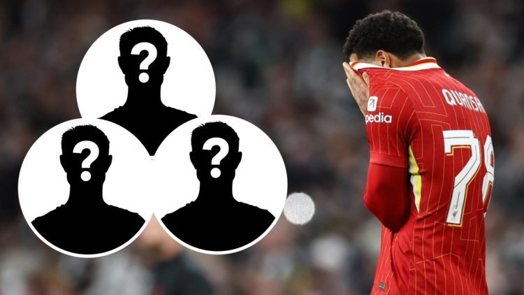 Main: Jarell Quansah with his head in his hands while playing for Liverpool. Inserts: Mystery players