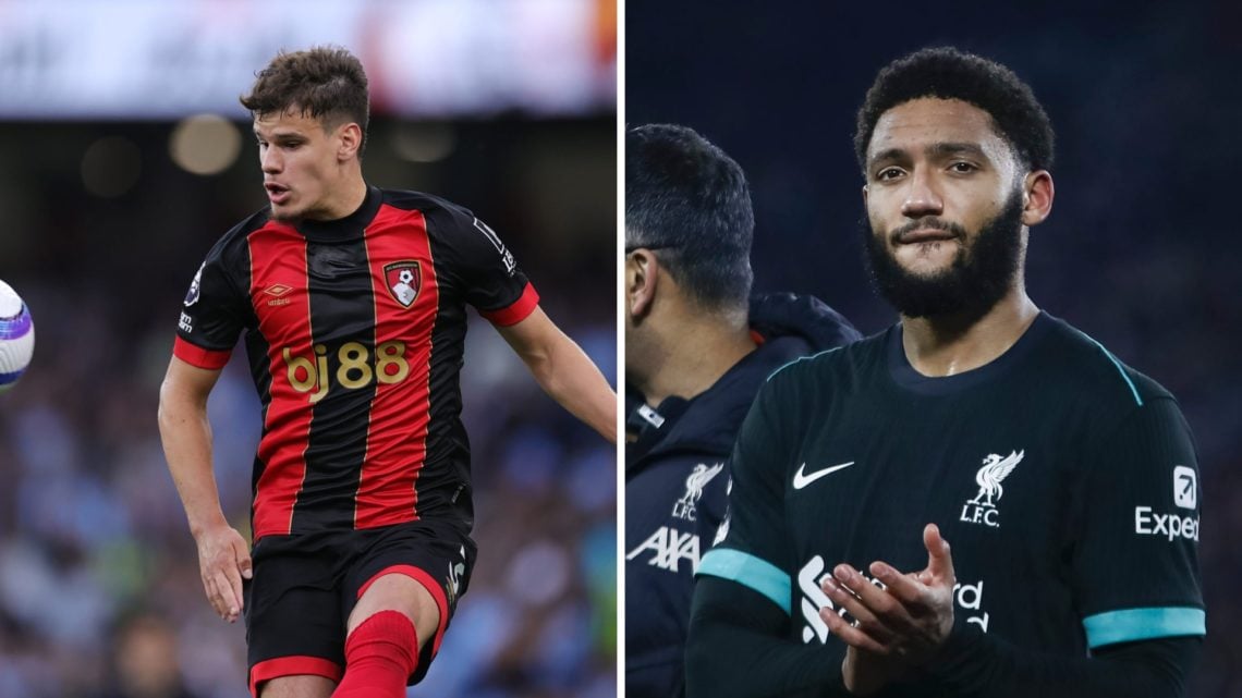 Left: Milos Kerkez caught in action for Bournemouth. Right: Joe Gomez clapping the Liverpool supporters after a Premier League game.