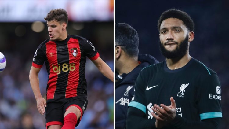 Left: Milos Kerkez caught in action for Bournemouth. Right: Joe Gomez clapping the Liverpool supporters after a Premier League game.