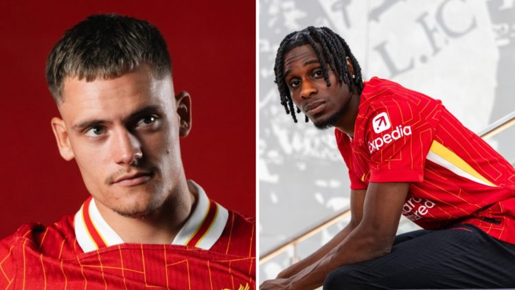 Florian Wirtz smiles as he is unveiled as a new Liverpool player. Jeremie Frimpong poses during his unveiling as a new Liverpool player.