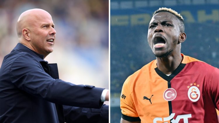Left: Arne Slot on the Liverpool touchline. Right: Victor Osimhen pictured in action for Galatasaray.