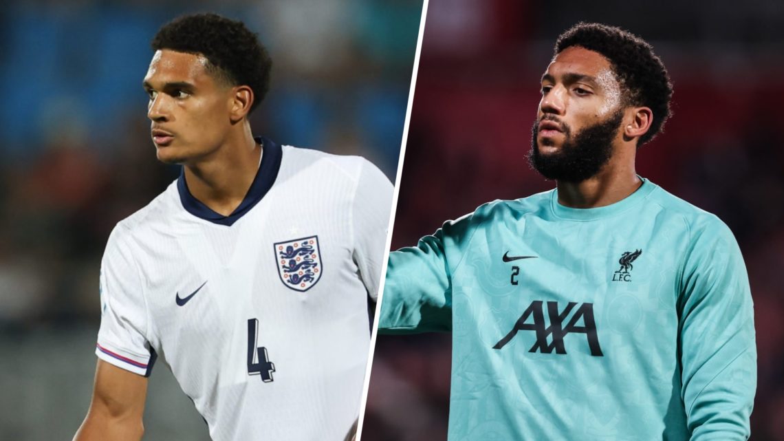 Left: Jarell Quansah pictured playing for England. Right: Joe Gomez pictured playing for Liverpool.