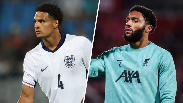 Left: Jarell Quansah pictured playing for England. Right: Joe Gomez pictured playing for Liverpool.