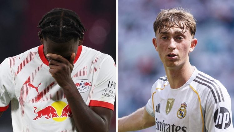 Castello Lukeba looks down at the ground during RB Leipzig's UEFA Champions League match against Liverpool. Dean Huijsen gestures during Real Madri...