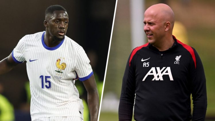 Left: Ibrahima Konate pictured in action for France. Right: Arne Slot pictured leading a Liverpool training session.