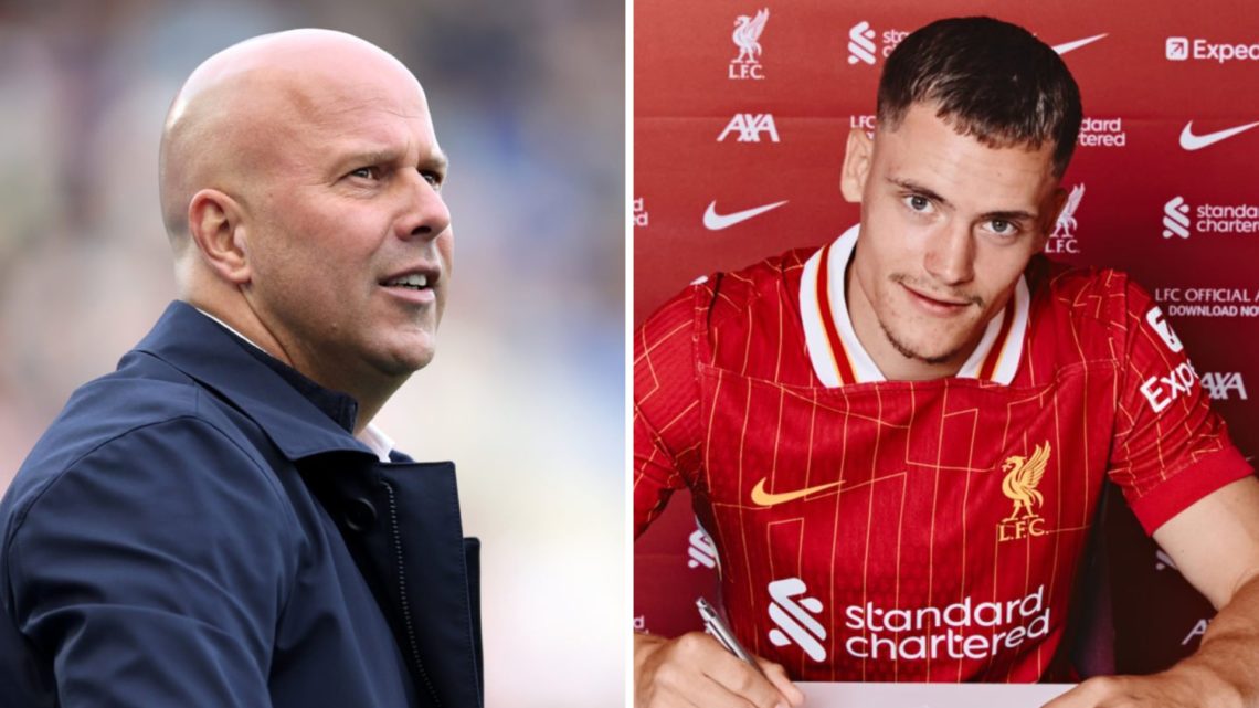 Left: Arne Slot on the Liverpool touchline. Right: Florian Wirtz signing his contract as a new Liverpool player.