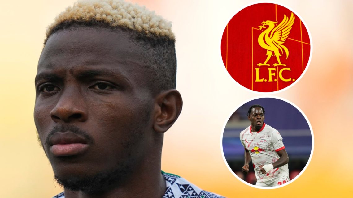Victor Osimhen lines up before Nigeria's AFCON match with Guinea-Bissau. Castello Lukeba runs while playing for RB Leipzig against Liverpool in the...