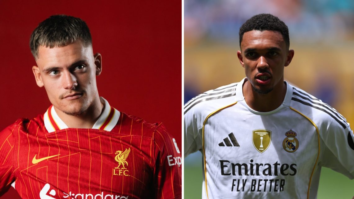 Left: Florian Wirtz pictured during his Liverpool unveiling. Right: Trent Alexander-Arnold pictured playing for Real Madrid.