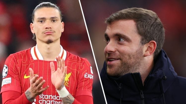 Darwin Nunez of Liverpool looks dejected after the UEFA Champions League 2024/25 UEFA Champions League 2024/25 Round of 16 Second Leg match between...