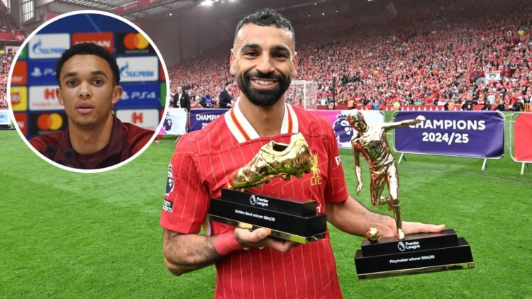 Mohamed Salah holding up the Golden Boot and Playermaker award after the last game of the Premier League season against Crystal Place at Anfield. T...