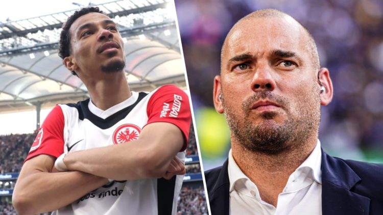 Hugo Ekitike celebrating a goal in the Bundesliga against 1. FC Heidenheim. Analyst Wesley Sneijder looks on during the UEFA Champions League Final...